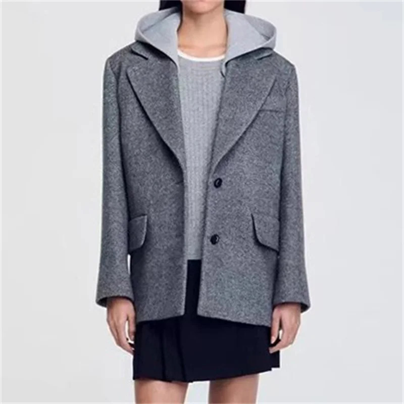 womens blazer winter in outerwears highquality wool blend suit jacket Shoulder pad slim fit hood Womens coat 241209