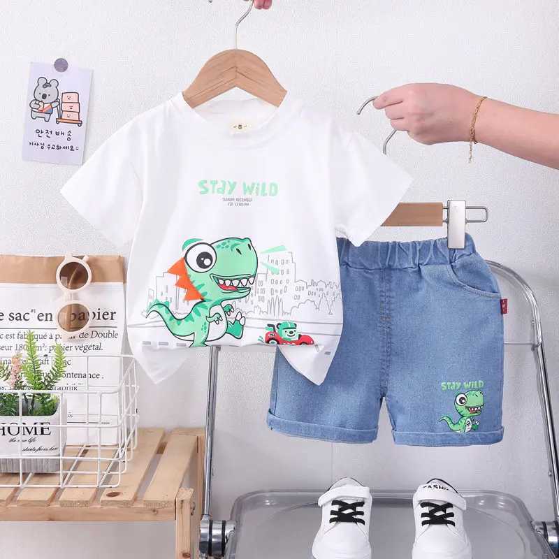 Clothing Sets New Kids Cartoon Car Outfit Dinosaur T-shirt Shorts 2Pcs/Set New Fashion Baby Boys Girl Clothing Children Tracksuits 0-5 Years H241214