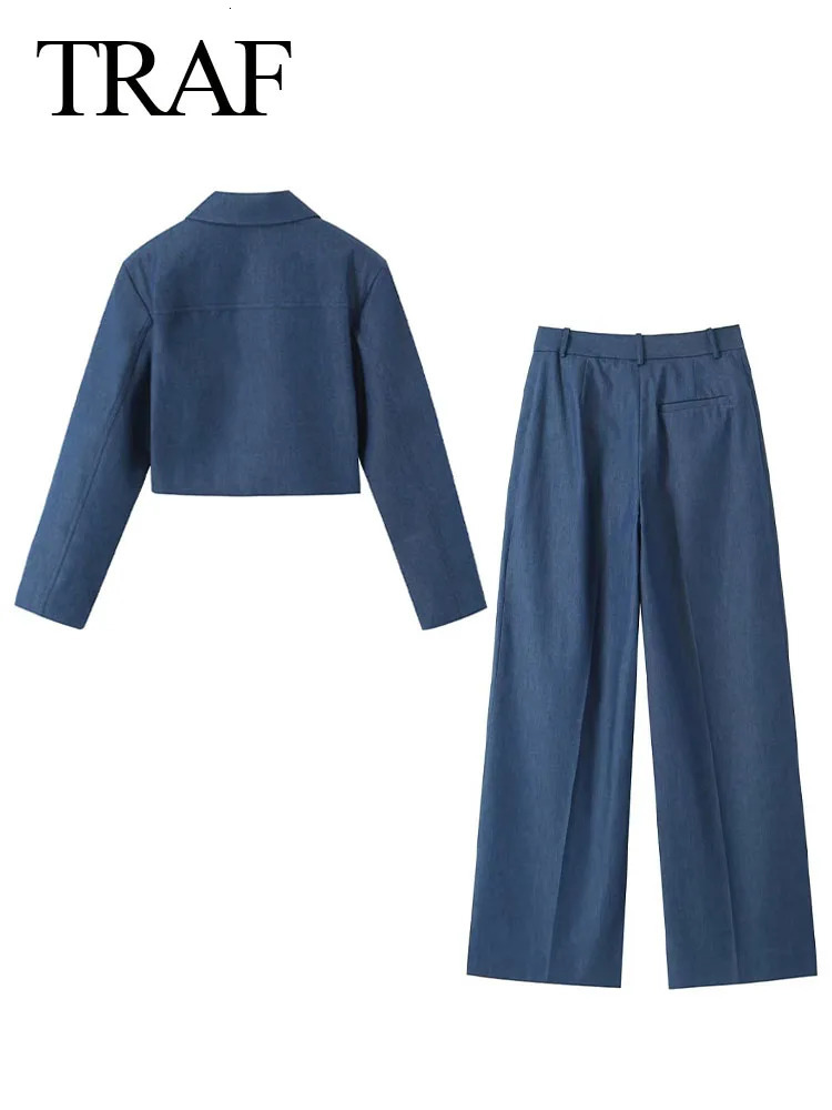 TRAF Fashion Women Pants Suit Elegant Female Long Sleeve Pockets Cropped CoatFront Pleats High Waist Pants Two Pieces Chic Set 241214