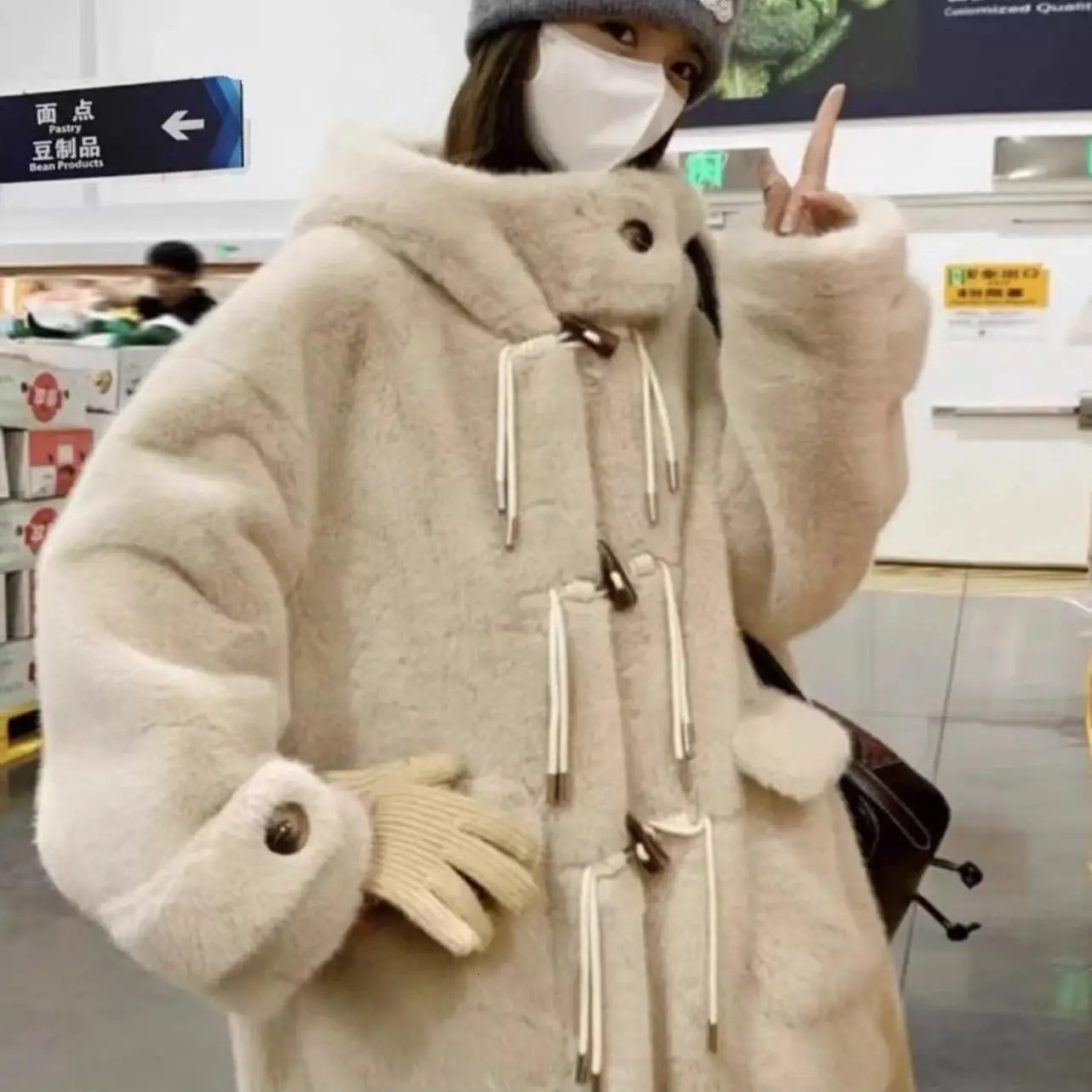 Winter Coat Hoodie Fashion Horn Button Environmental Protection Fur Women Clothing Thick Plush Loose Long Coats for 241211