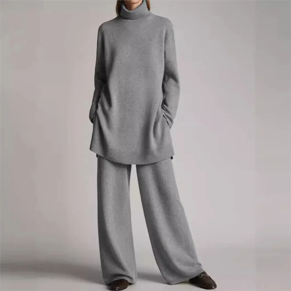 Autumn And Winter For Womens High Neck Knitted Pants Casual Pocket Retro Loose Female Office Knitting 2 Piece Set 241203