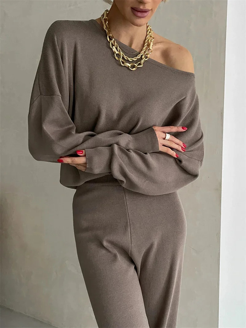 Elegant Loungewear Knitted 2 Piece Set Knit Pants and Sweater Matching Set Women Casual Winter Knitted Two Piece Sets Women 241214