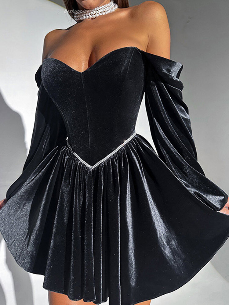 Elegant Veet Dress Women Off Shoulder Sexy Long Sleeves Mini Dresses Female Fashion Solid Bandage Party Robe