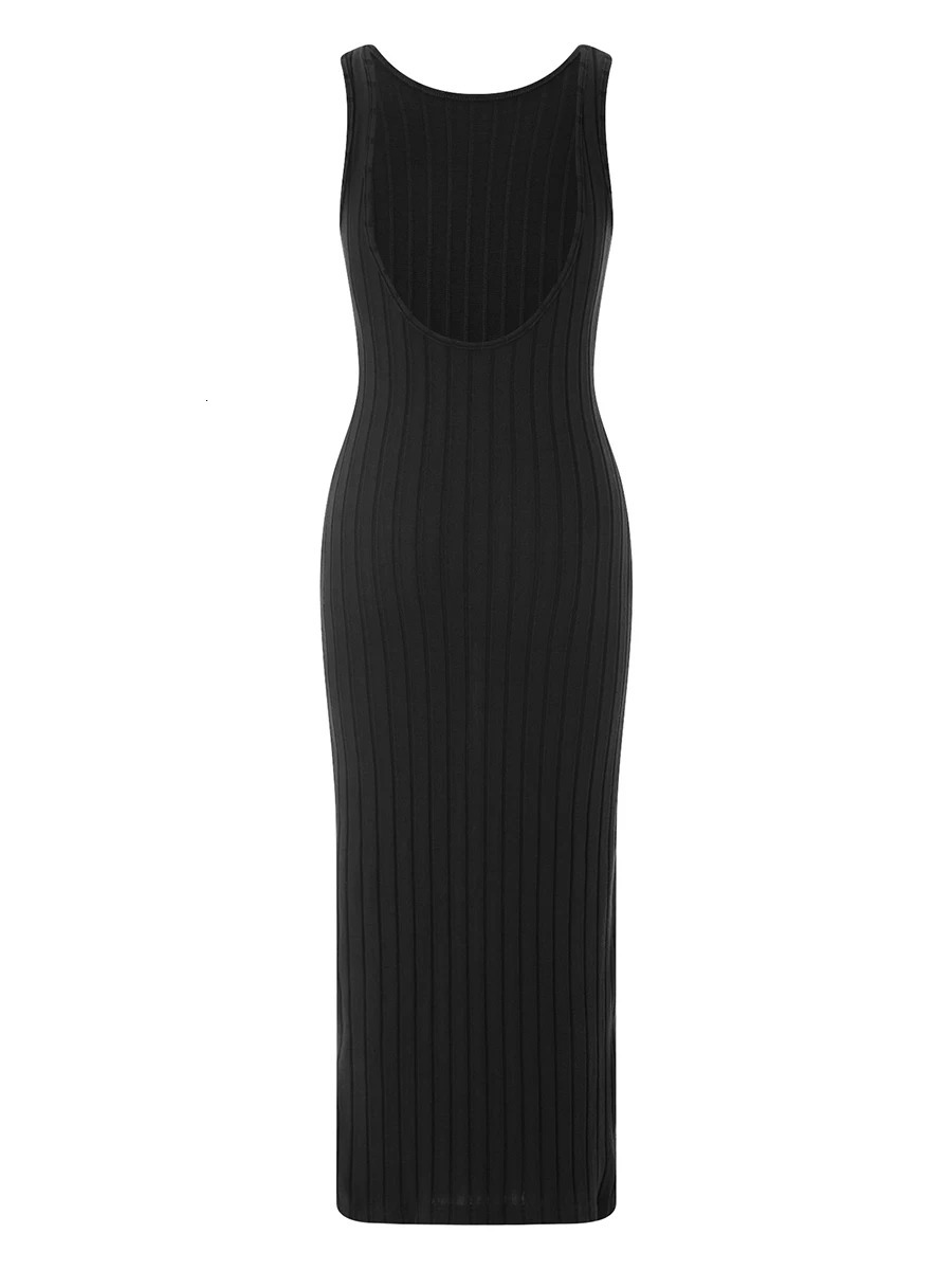 FOMOYUU Ribbed Knitted Long Body Strap Dress Sleeveless High Neck Party Side Seam Womens Wear 241212
