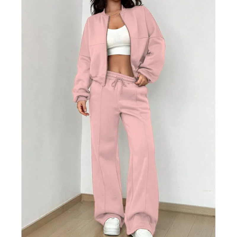 Grey Bomber Jacket Pant Women 2 Pieces Set Casual Long Sleeve Zipper Coat Solid Sweatshirt Trousers Suit Fall Sportwear y241203