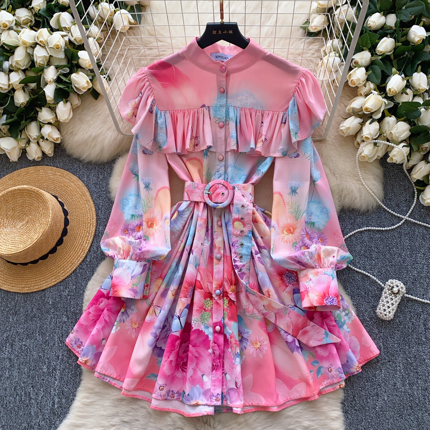 Dresses 2025 Spring Summer Gorgeous Wer En Robe Dress For Women Ruffles Long Lantern Sleeve Single Breasted Belt Mini Vestidos