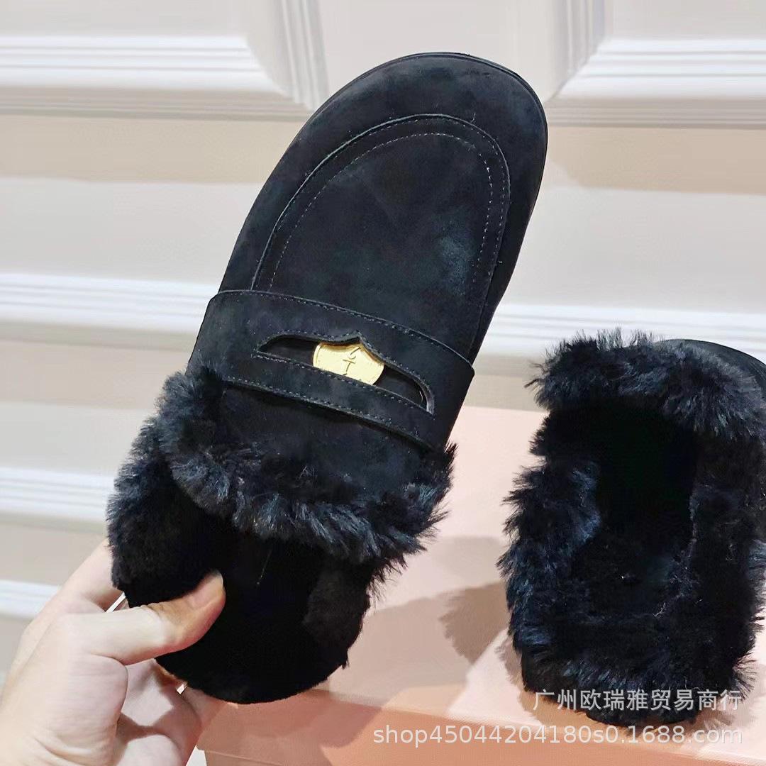 23 Winter New Hairy Baotou Half Slippers For Women, Flat Bottom, Versatile, Casual, Coin, Wool, One Step, Muller Shoes