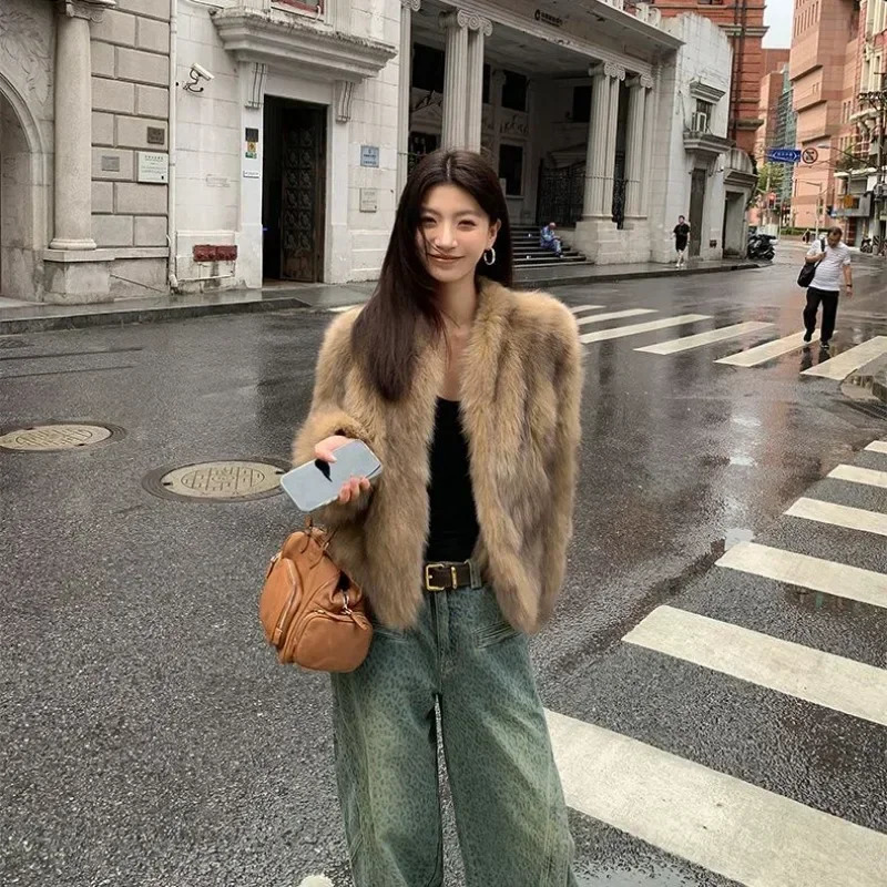 Winter Coat Korean Fashion High End Fox Fur for Women Clothes Vneck Warm Brown Short Jackets Tops 241211
