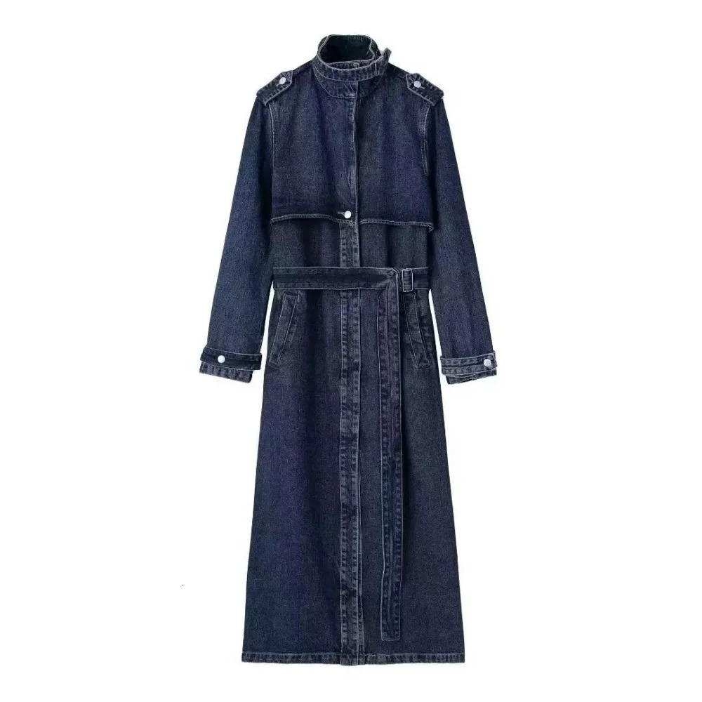 Womens fashionable n denim long windproof jacket stand up collar belt casual for autumn and winter 241211