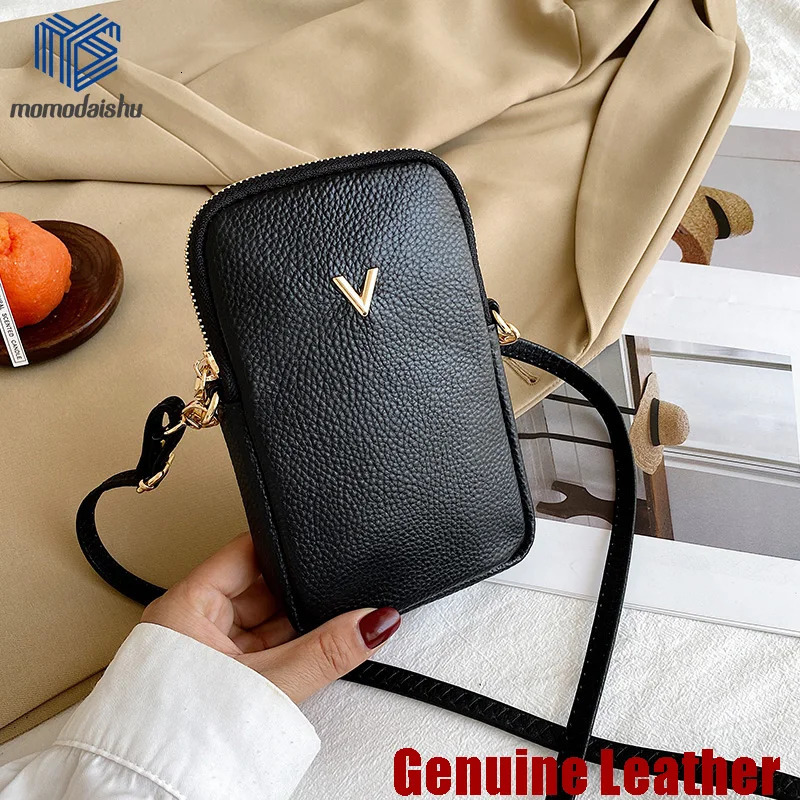 Women Purses Solid Color Genuine Leather Shoulder Strap Bag Mobile Phone Bag Card Holders Wallet Black Cowhide Handbag 241213