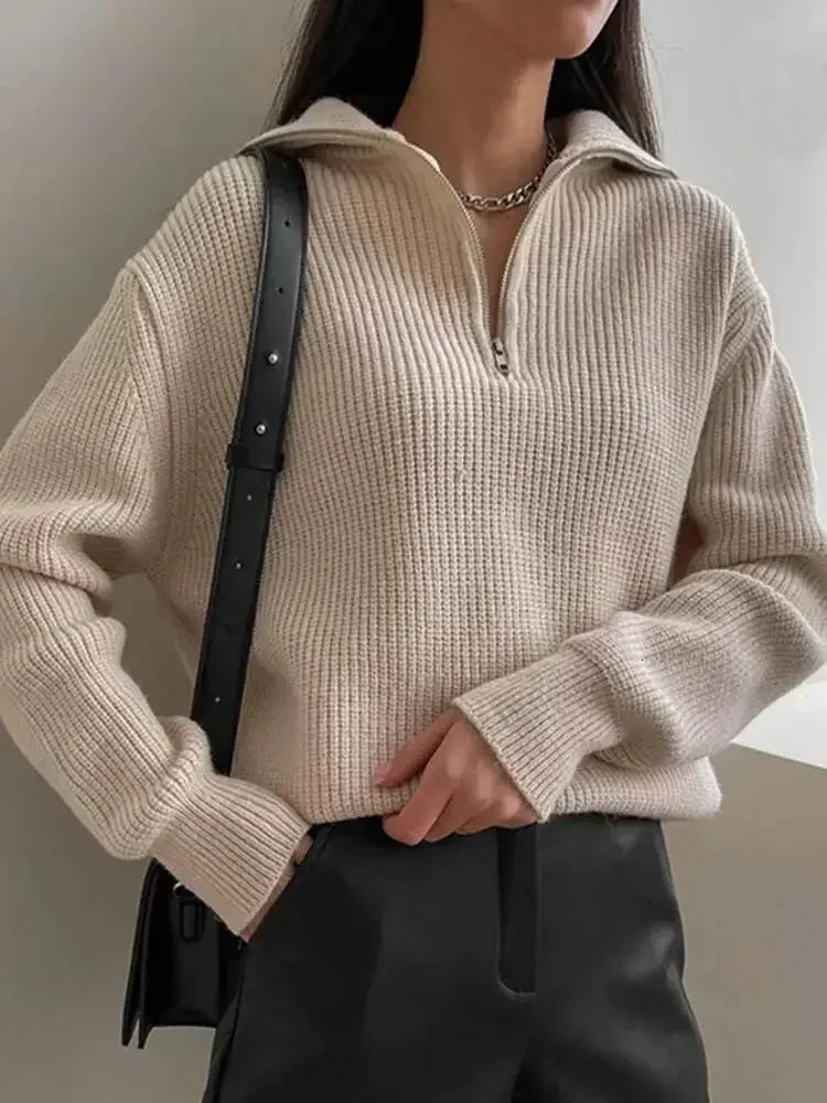 Winter womens turtle neck knitted fashionable zipper sweater oversized solid gray black casual long sleeved suitable for women 241211