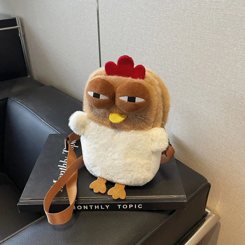 Plush adjustable strap cartoon womens chicken wallet fluffy hen shoulder bag travel party handbag 241213