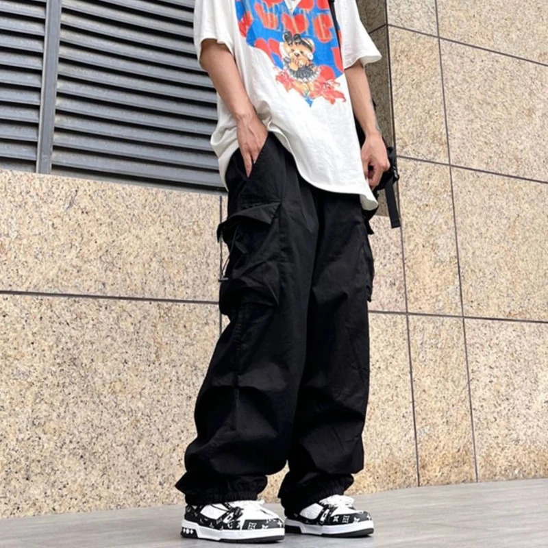 Elastic Waist Big Pocket Cargo Pants Men Streetwear Spring Autumn Wide Leg Joggers Solid Color Oversize Baggy Pants Women 241214