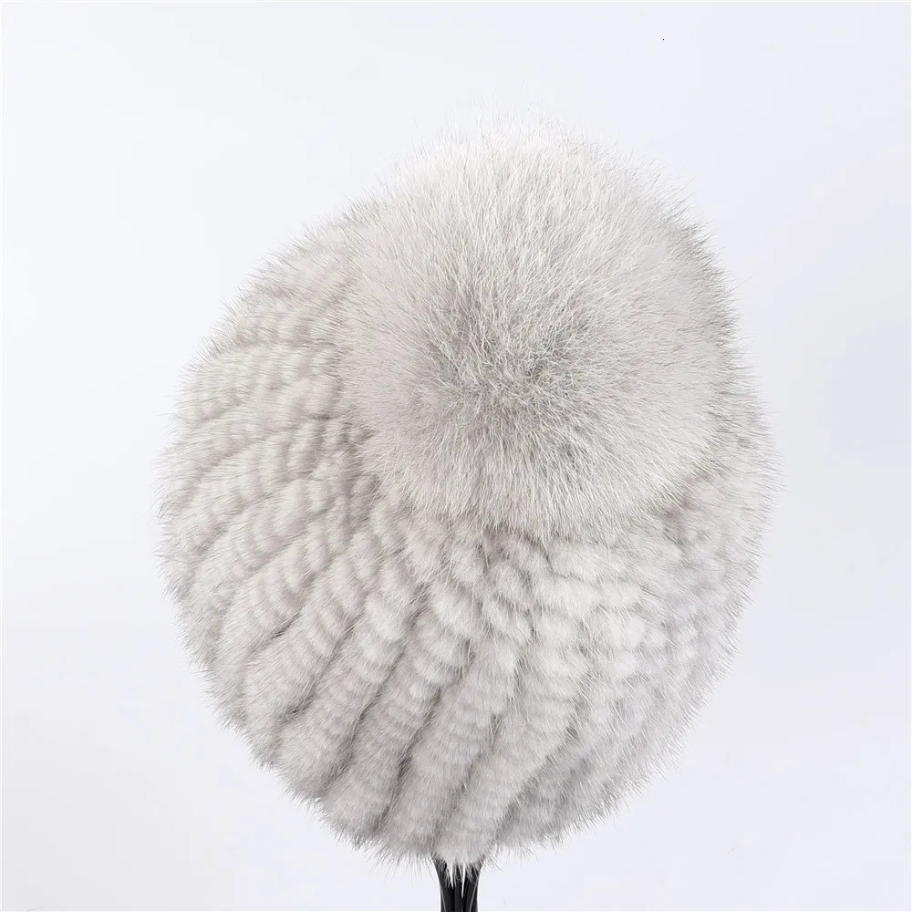 100% real mink fur hat women winter knitted beanie Russian Girls cap with fox fur pom poms thick female cap Elastic 241214