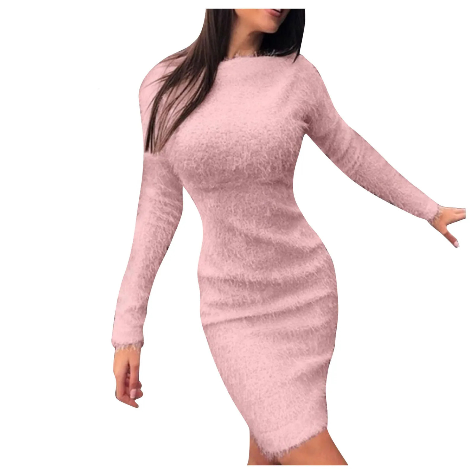 Womens long sleeved Oneck mini dress is fashionable elegant and chic ultrathin plush knitted sweater a womens robe 241212