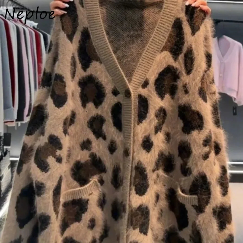 Neploe Loose Simple 2024 Elegant Office Lady Cardigan Western Jacquard Leopard Sweaters V Neck Casual Exquisite Pull Femme 241214