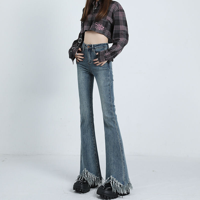 Retro Blue High Waisted Fringed Micro Flared Jeans for Women's New Style with a S Edge Design That Makes Them Look Slimmer