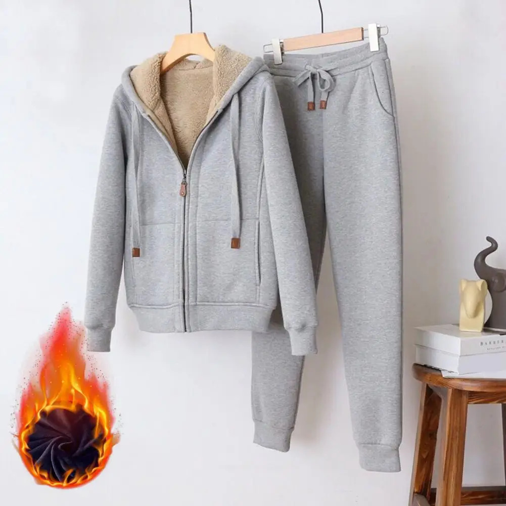 2piece Sets Winter Thicken Fleece Sweatshirts Hoodies Women Twopiece Suit Casual Sports Female Short Coat Straight Pants 241209