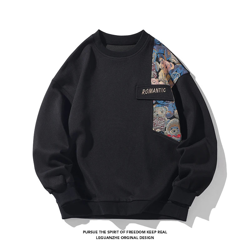 autumn mens drawstring sweatshirt with Harajuku embroidery bear pattern loose casual round neck sweatshirt unisex fashion hoodie 241214