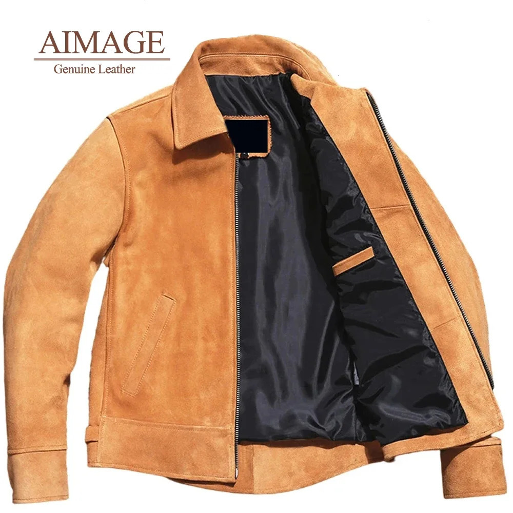 AIMAGE Vintage Brown Pilot Leather Jacket Genuine Cowhide suede leather jacket coat PY139 241214