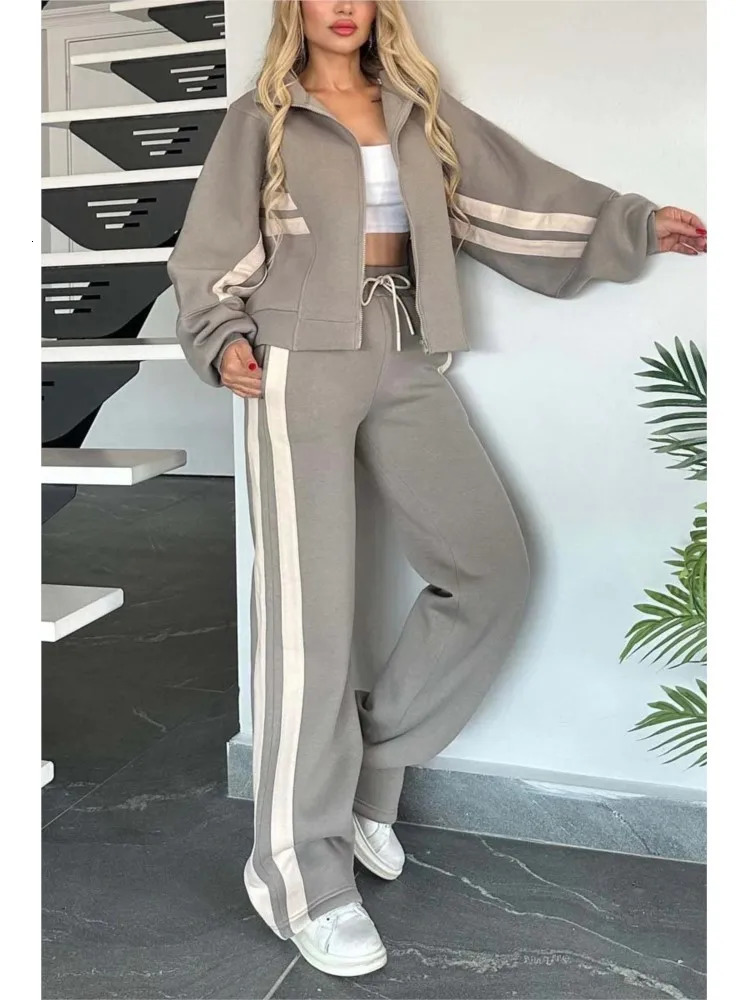 Autumn Winter Womens Hoodie Y2k Zipper Loose Jacket Coat And High Waist Side Striped Sports Pants Set 241214