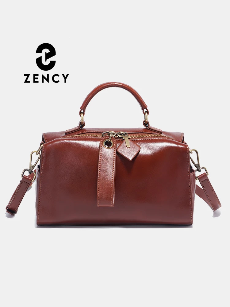 Zency Oil Wax Leather Retro Green Handbag Womens Shoulder Bag Black Wave Pattern Wide Shoulder Strap Classic Boston Bag Wallet 241212