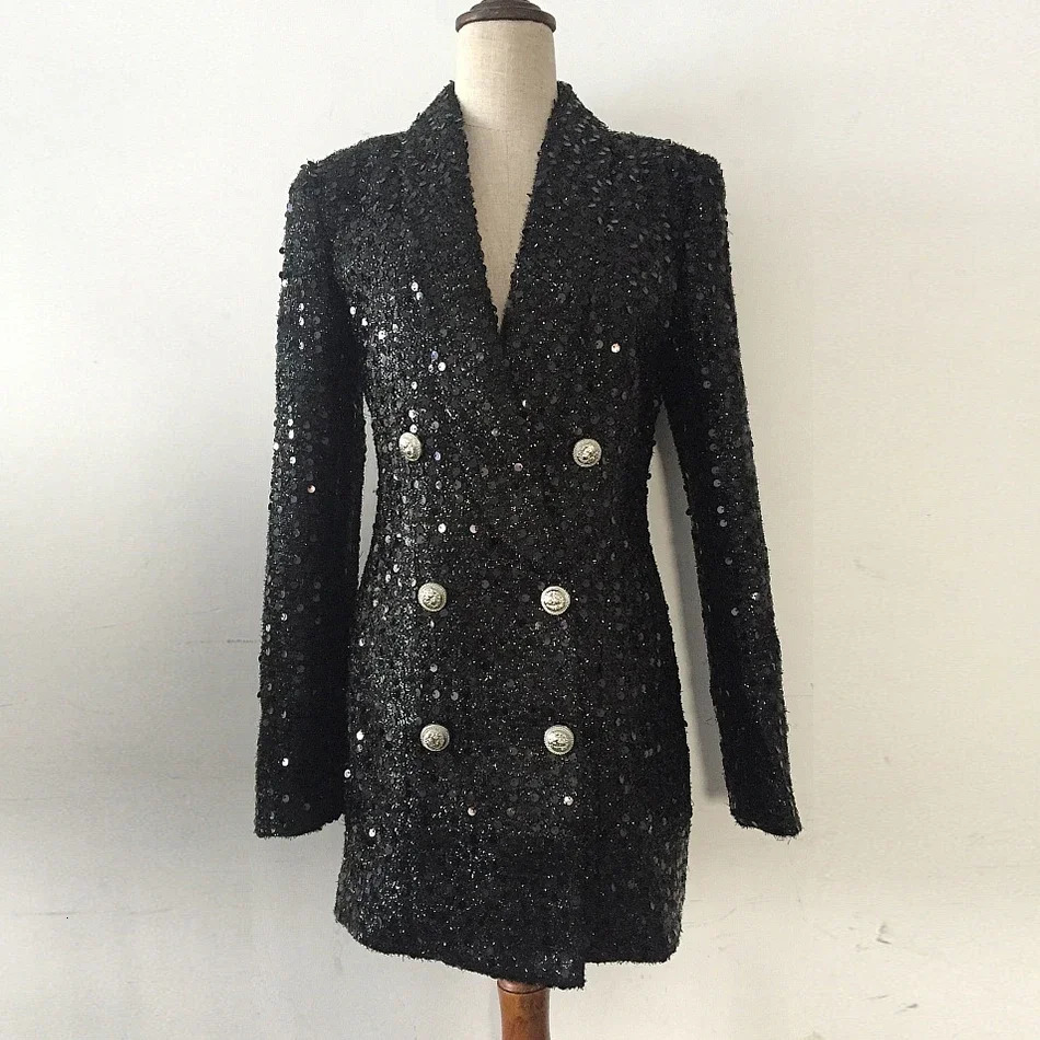 Formal Winter ner Blazer Coat Women Double Lion Buttons Shawl Collar Glitter Sequined Long Runway Black Jacket Blazers 241209
