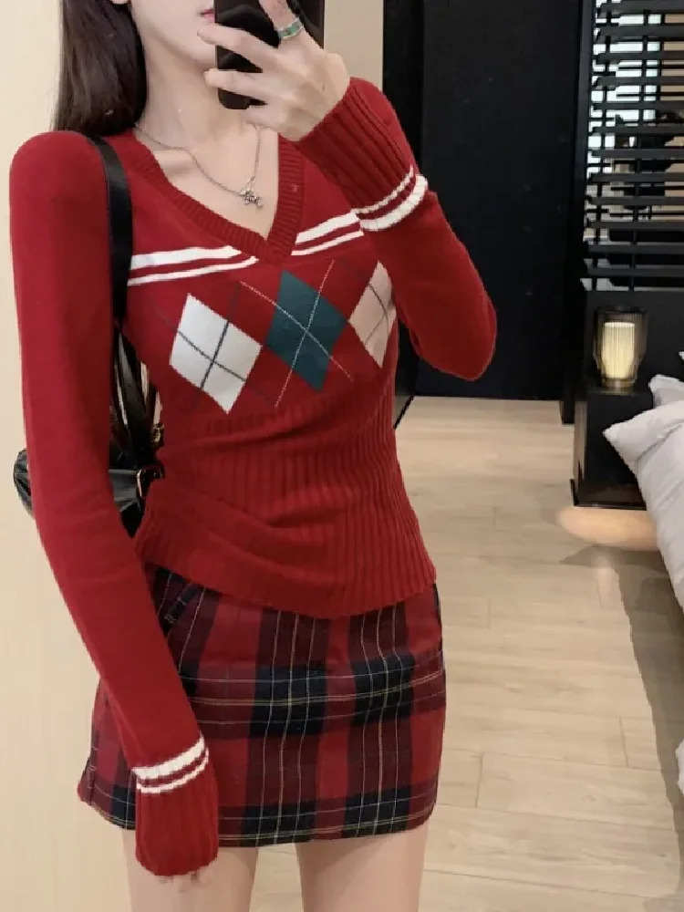 Pulleys Vneck Panel Ins Argyle Autumn Knitwear Retro Sweet and Spicy Girl Long Sleeve Fashion Trendy Harajuku Soft 241211