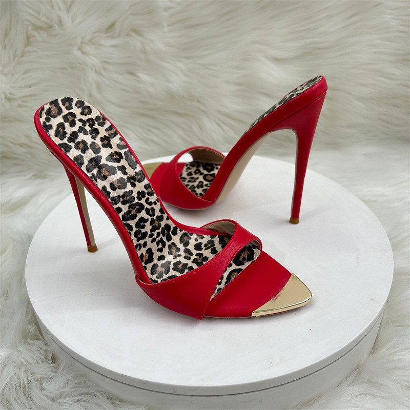 High Heeled For Socialites, 12Cm In Length, Pointed Thin Heels A Red Herringbone Pattern. Cool Slippers With Exposed Toes And High-Heeled Sandals