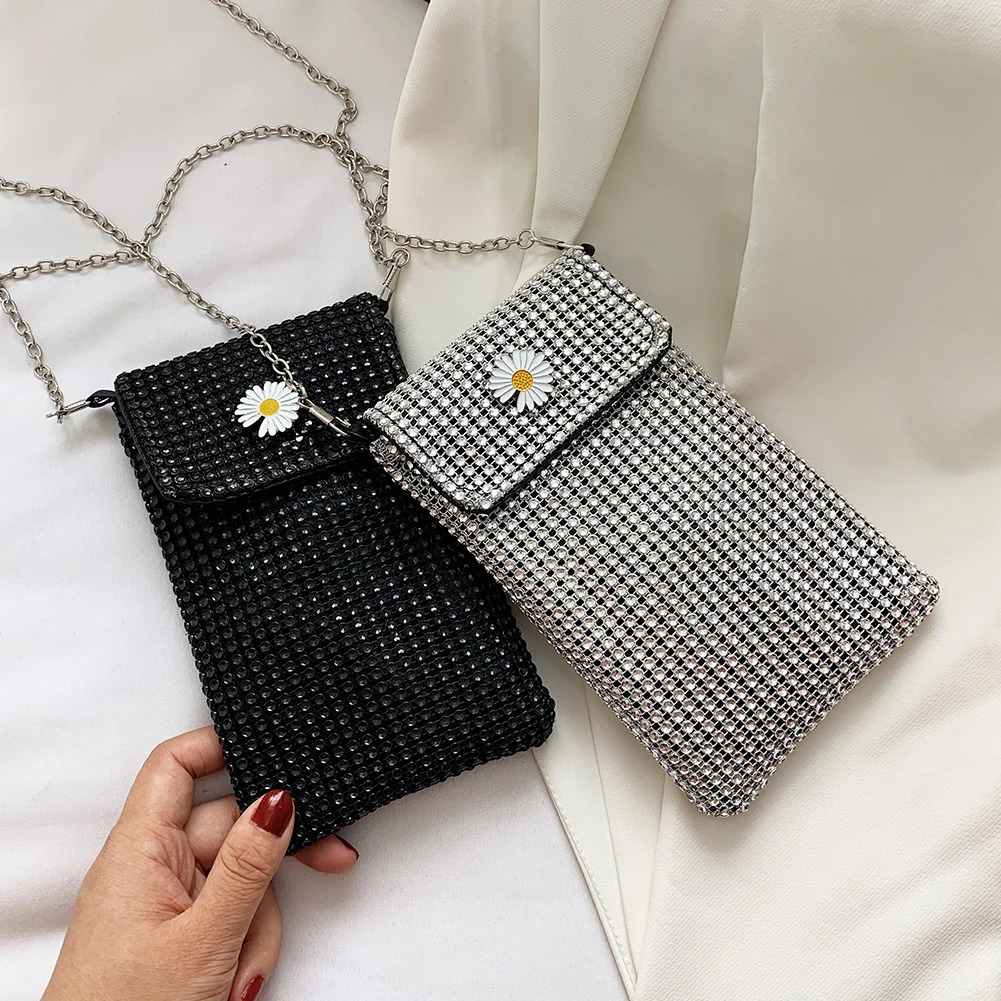 Bling Rhinestones Womens Shoulder Bag Chain Bag Womens Phone Bag Evening Party Clutch Cross Body Bag 241213