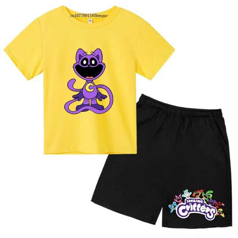Clothing Sets Smiling Critter Kids Summer Casual Cartoon Print O-neck Tees+Shorts 2pcs Sports Suits 2-13Years Boys Girls Outfits Children Sets H241214