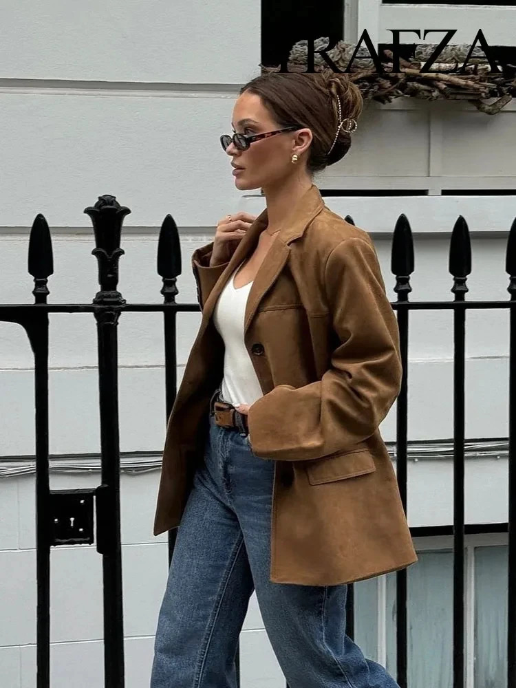 TRAFZA Womens Winter Fashion Solid Color Blazer Lapel Pocket Decorated Casual Top Loose Short Coat Street Jacket 241209