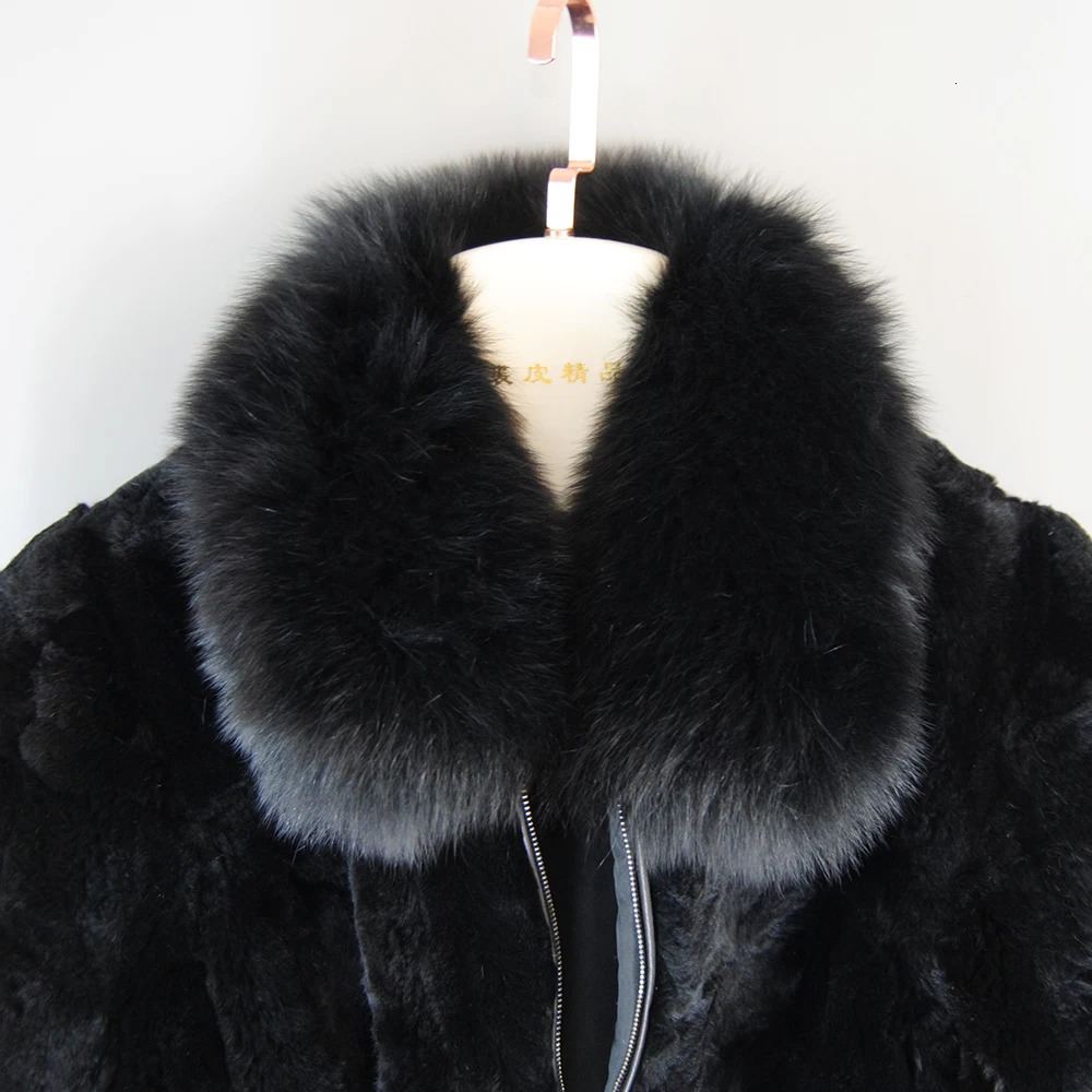 Fashion Lady 100% Natural Rex Rabbit Fur Coat Women Winter Thick Warm Real Jacket With Quality Fox Collar 241211