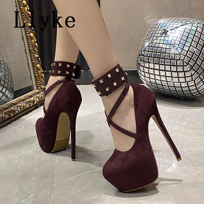 Liyke Runway Fashion Metal Rivets Ankle Strap Extreme High Heels For Women Wedding Party Stripper Shoes Platform Pumps Sandals