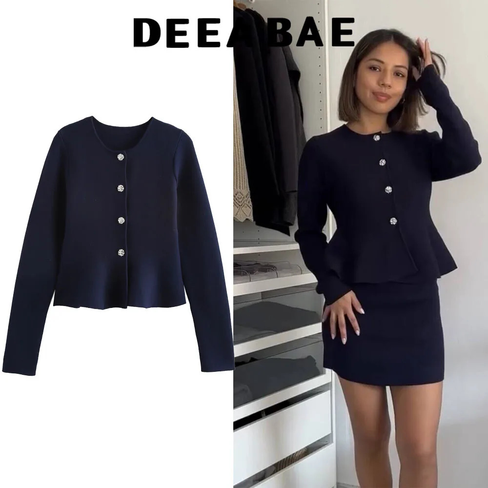 DEEABAE Autumn Womens Clothes High-end Slim Fit Long Sleeved Flat Needle Round Neck Knit Cardigan Outerwear 241214