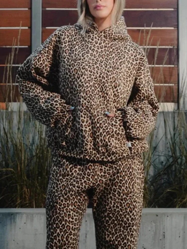 Punk fashion leopard print hooded sweatshirt womens sports pants Y2K street hip-hop original cheetah print hooded sweatshirt retro set 241214