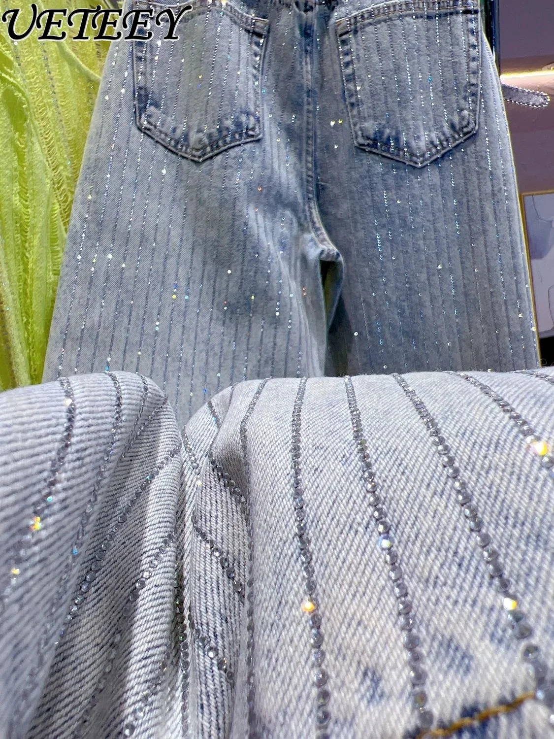 High-Grade Full Body Vertical Dia Blue Jeans Women Heavy Industry Shiny Retro Straight Baggy Pants New Autumn Long Trousers