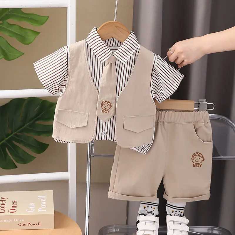 Clothing Sets Children Clothes Cartoon Kids Boy Short Sleeve Patchwork Shirts Pants 2Pcs/Set With Tie Fashion Toddler Tracksuits 0-5 Years H241214