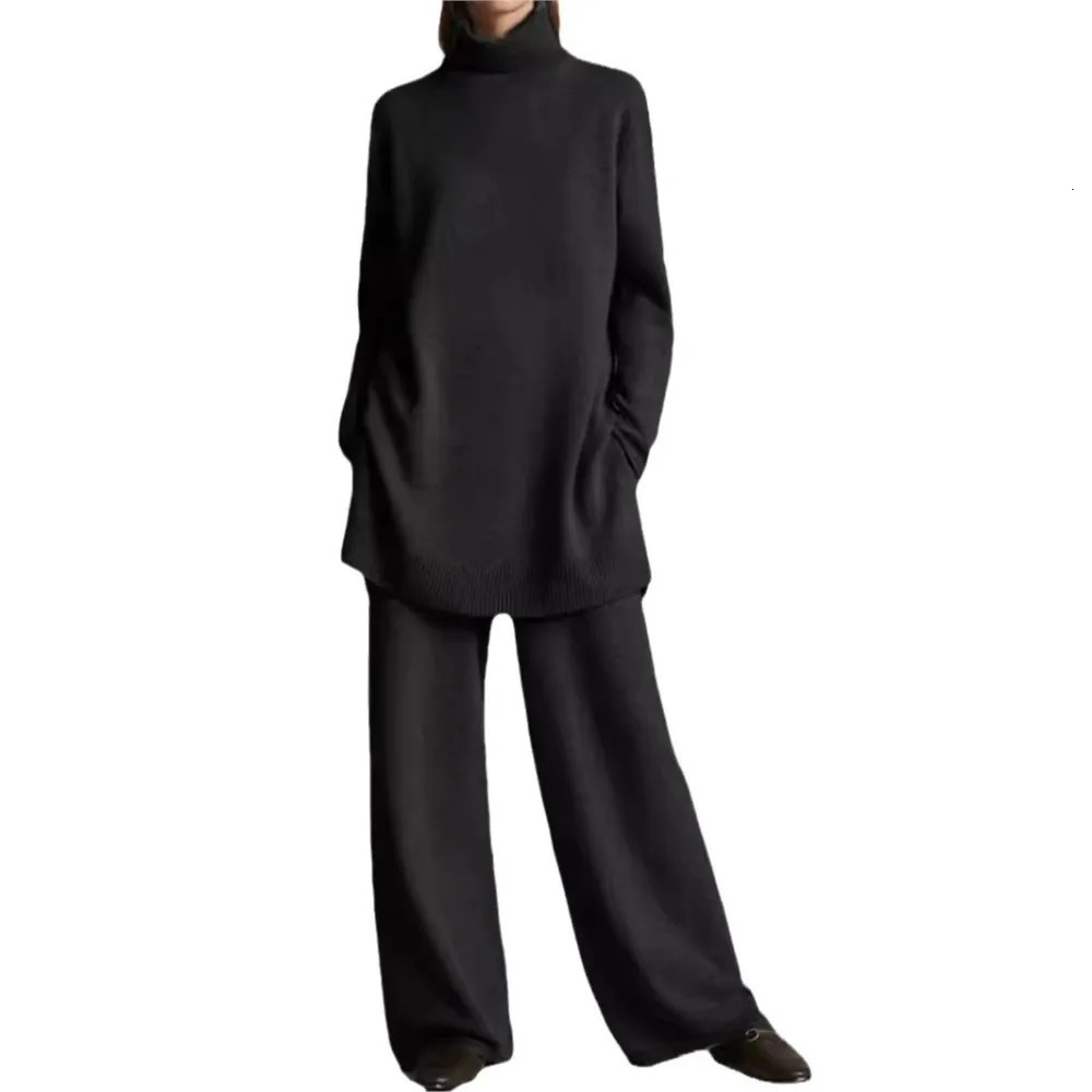 Autumn And Winter For Womens High Neck Knitted Pants Casual Pocket Retro Loose Female Office Knitting 2 Piece Set 241203
