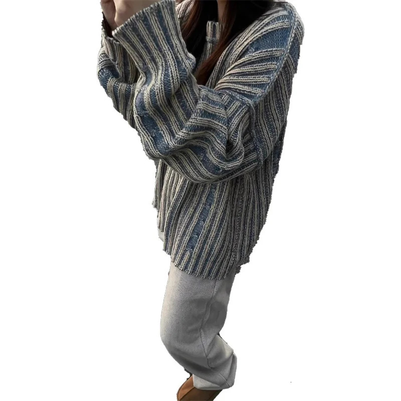 Retro striped contrasting color sweater womens spring and summer high street couple niche lazy style knitted cardigan wool 241211