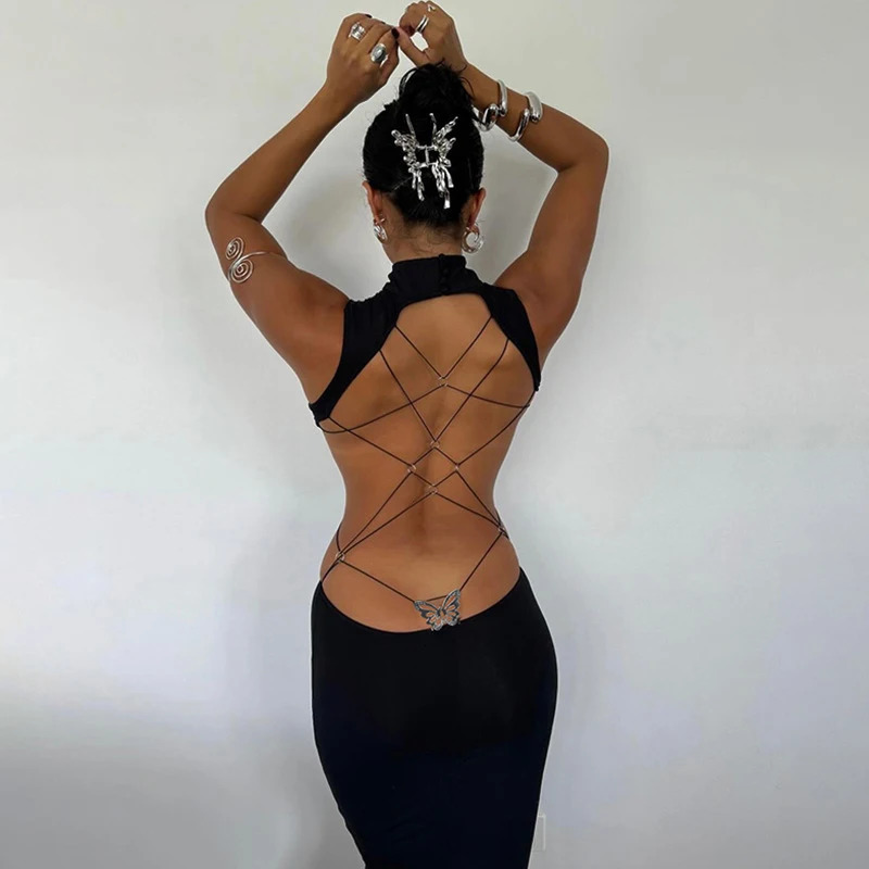 Sexy backless black Maxi womens summer sleeveless elegant body suspender long dress casual party vest 241212