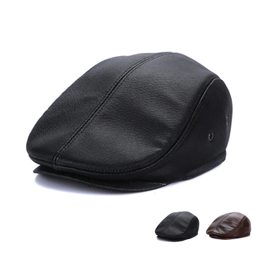 Lvy mens thick ear flaps genuine denim leather solid classic driving hat winter flat beret black warm duckbill 241210