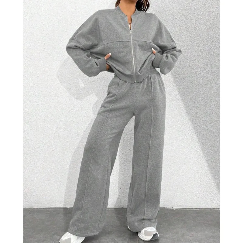 Grey Bomber Jacket Pant Women 2 Pieces Set Casual Long Sleeve Zipper Coat Solid Sweatshirt Trousers Suit Fall Sportwear y241203