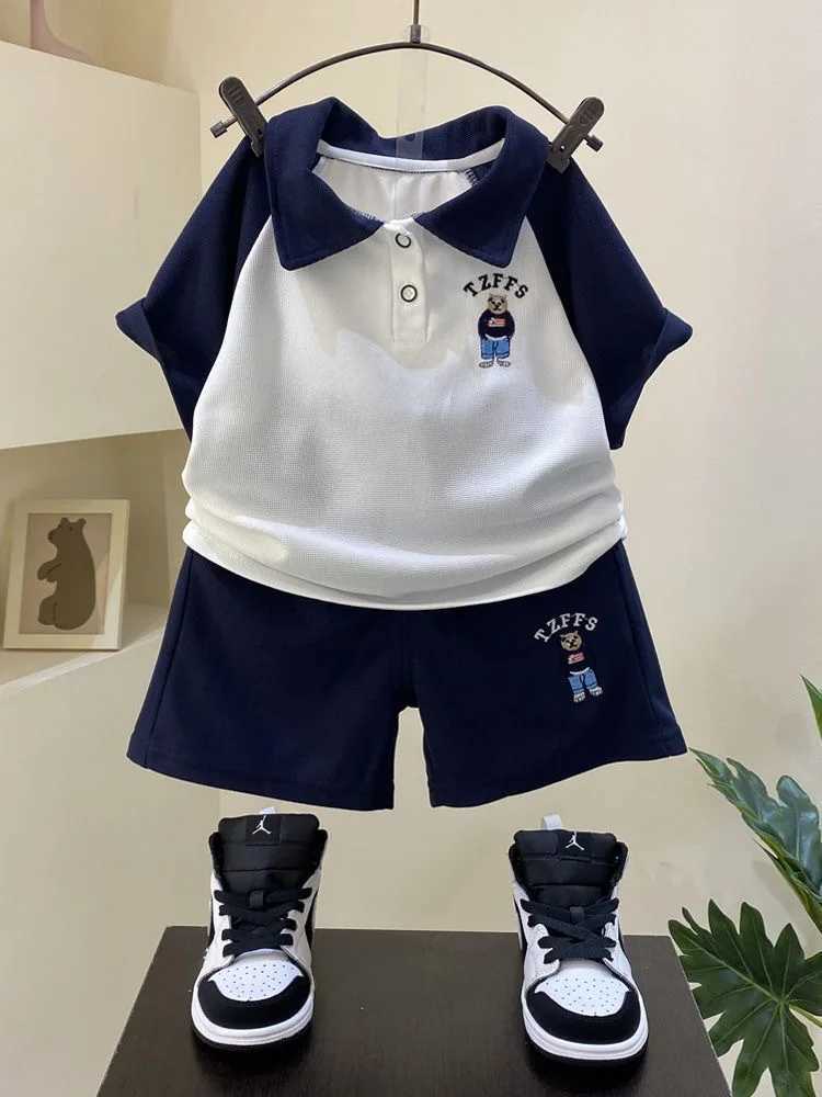 Clothing Sets Summer Teenage Boy Lapel Clothes Children Embroidery Cartoon Bear Tshirt and Shorts Set Kid Short Sleeve Top Buttom 2pcs Outfits H241214