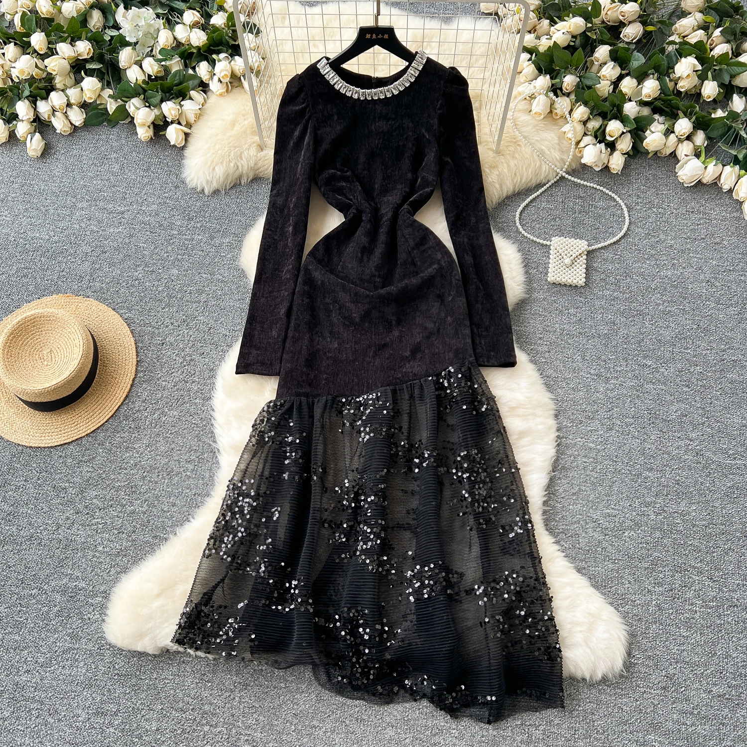 Basic Casual Dresses New French Chic Bodycon Dress Women Long Sleeve Party Dresses Sequins O Neck Mesh Patchwork Evening Vestidos with Zipper Dropship