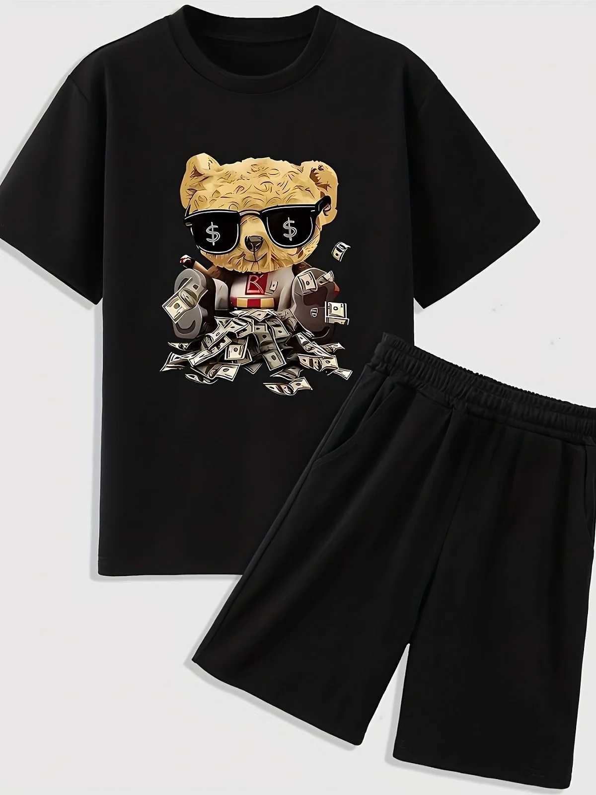 Clothing Sets Summer Baby Kid Boy Clothes Set Children Girls Banknote Bear Printed Short Sleeve T-shirts and Shorts Suit Top Bottom Outfits H241214