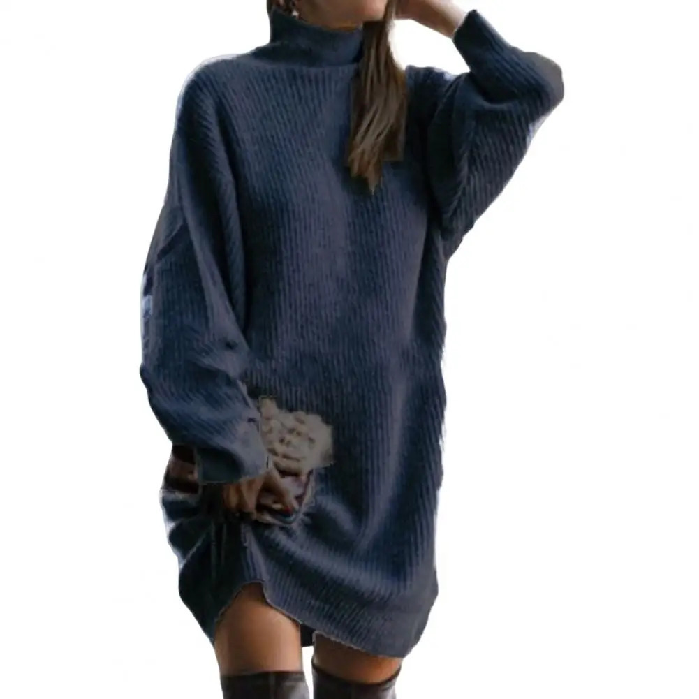 Winter Dress Turtle Neck Bat Wing Long Sleeve Ribbed Warm Sweater for Women Autumn Knitted Midi 241212