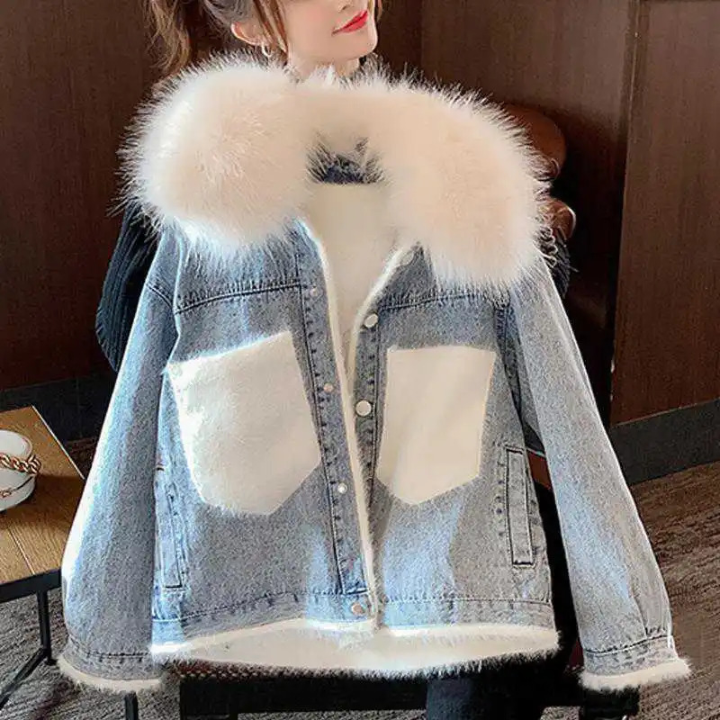 Winter Denim Jacket Womens Cotton Coat Artificial Fur Collar Loose Plus Cashmere Wool Warm Coat Womens Jacket Trend 241210