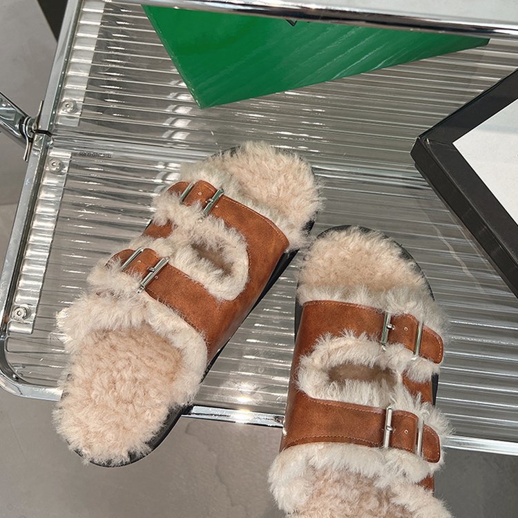 2025 Free Shipping Warm Thicken Wool Slippers Women Winter Fur Flat Shoes Woman Thick Slides white Classics Sandals