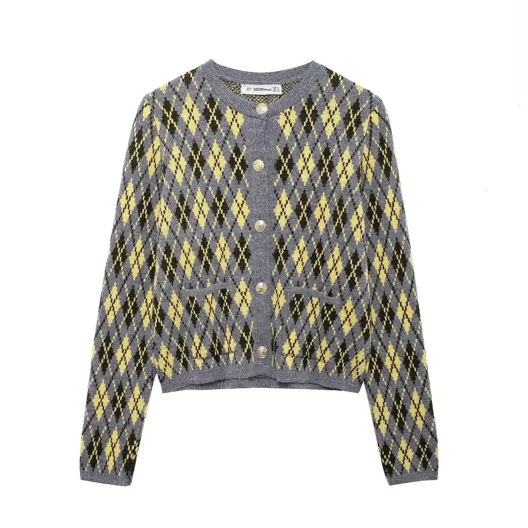 Womens Argyle Knitted Cardigans Short Sweater Autumn Fashion Casual Women Long Sleeve Knitwear Coat Outerwears 241214
